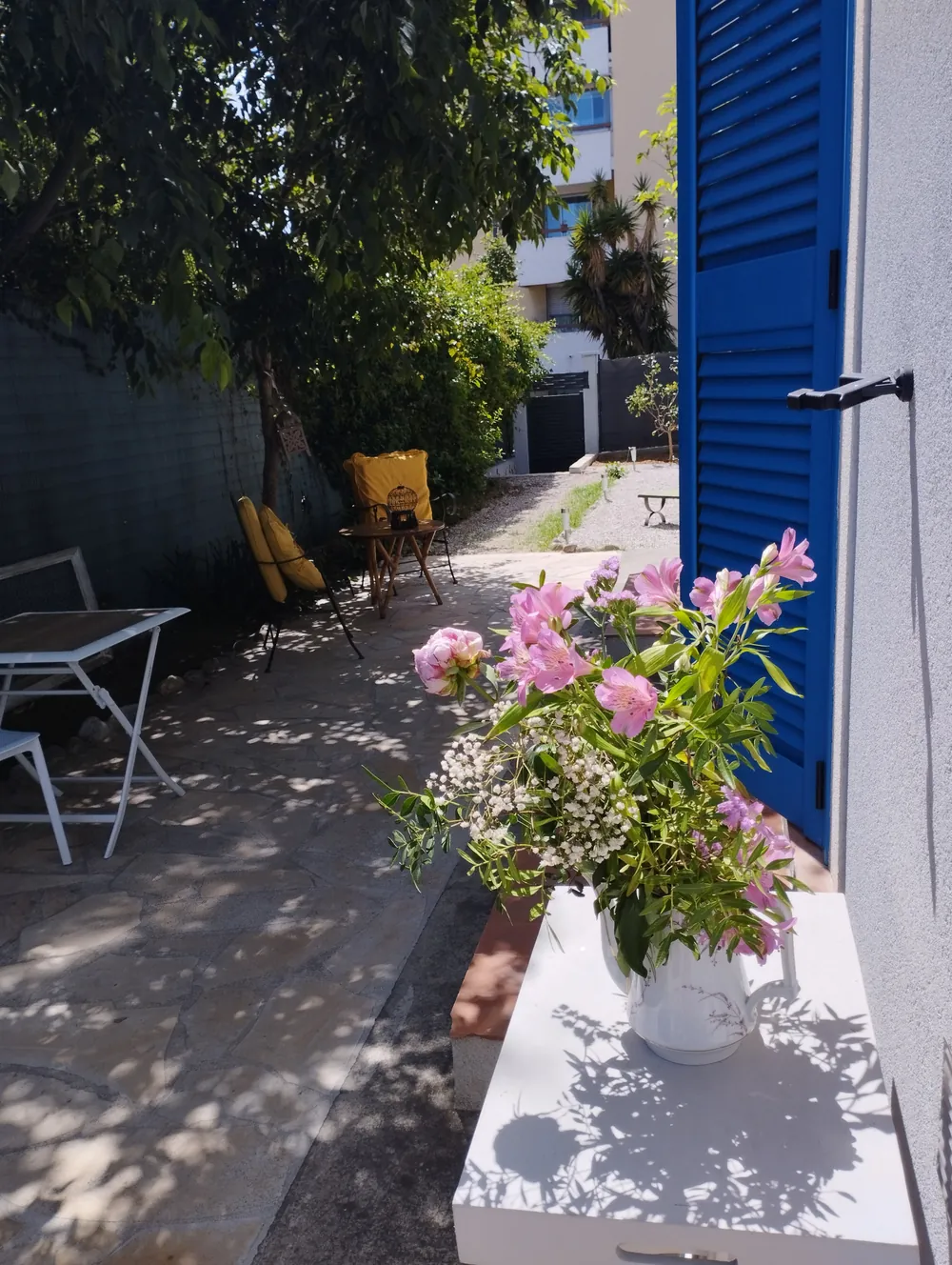 Fleurs sur la terrasse devant un volet bleu